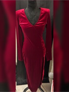 Fashion Nova Deep Red Velvet Long Sleeve V-Neck Dress